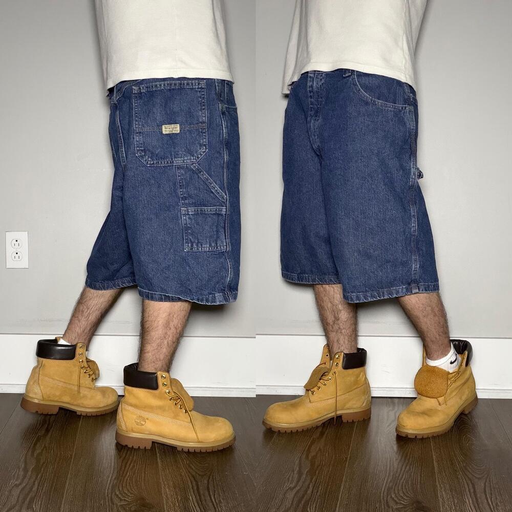 Y2K Baggy Carpenter Cargo Jean Shorts Wrangler 36 Blue Denim 12 Inseam